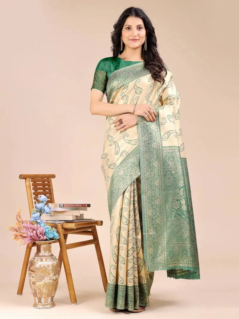 Cream & green banarasi silk blend woven zari work tassel saree