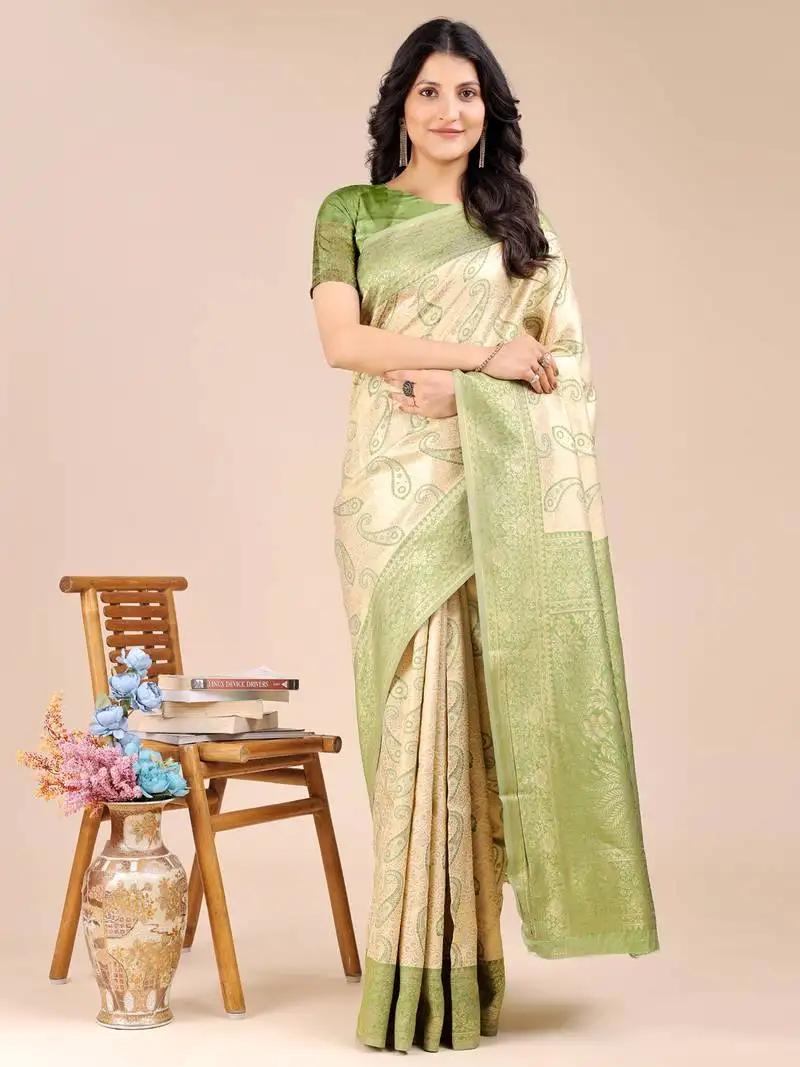 Cream & light green banarasi silk blend woven zari work tassel saree