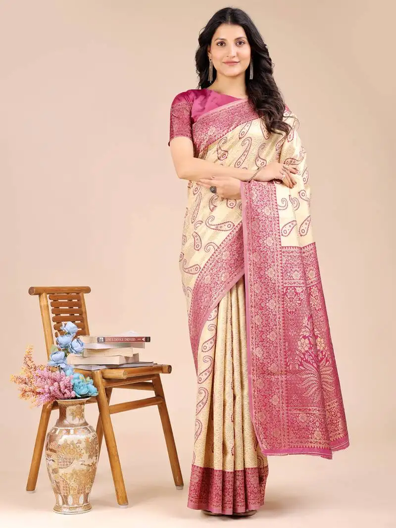 Cream & magenta banarasi silk blend woven zari work tassel saree