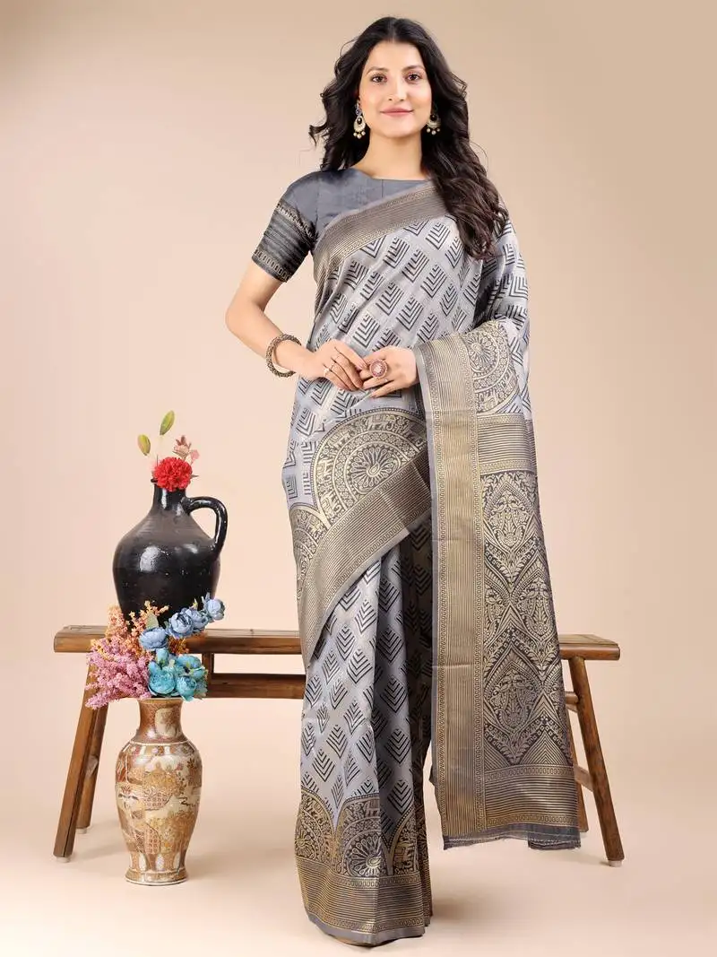 Grey banarasi silk blend woven zari work tassel saree