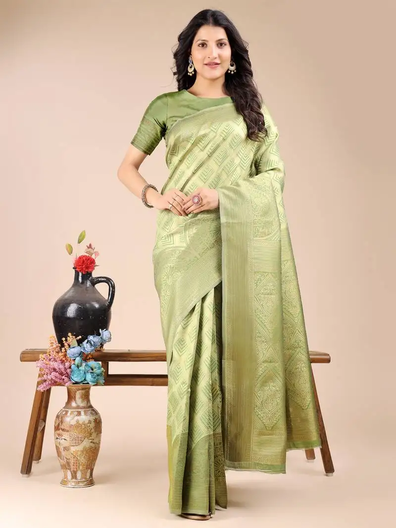 Light green banarasi silk blend woven zari work tassel saree