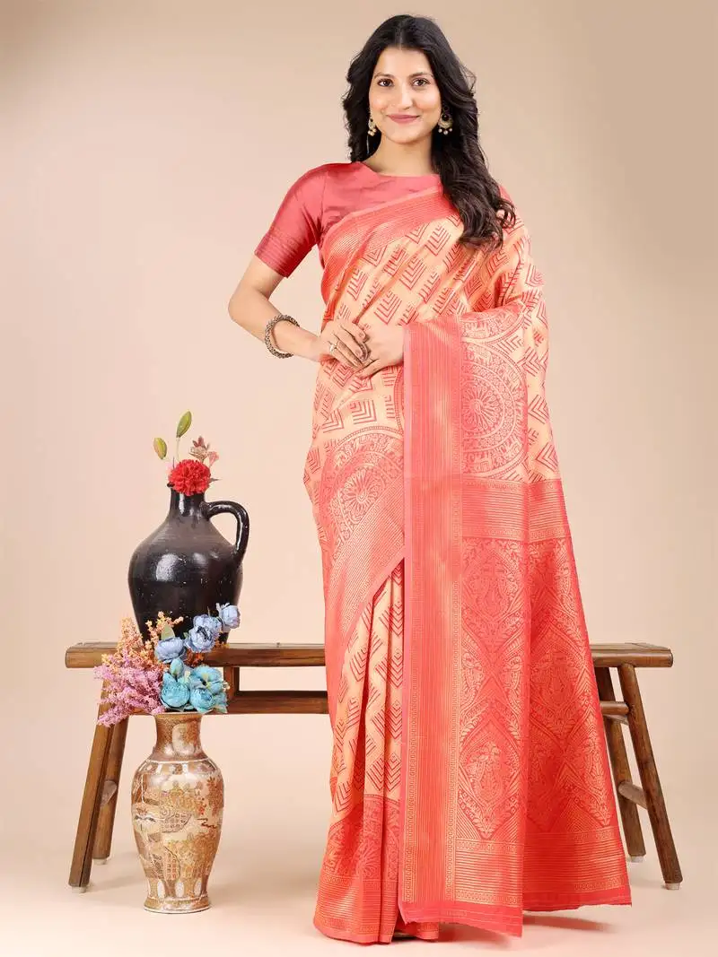 Peach banarasi silk blend woven zari work tassel saree