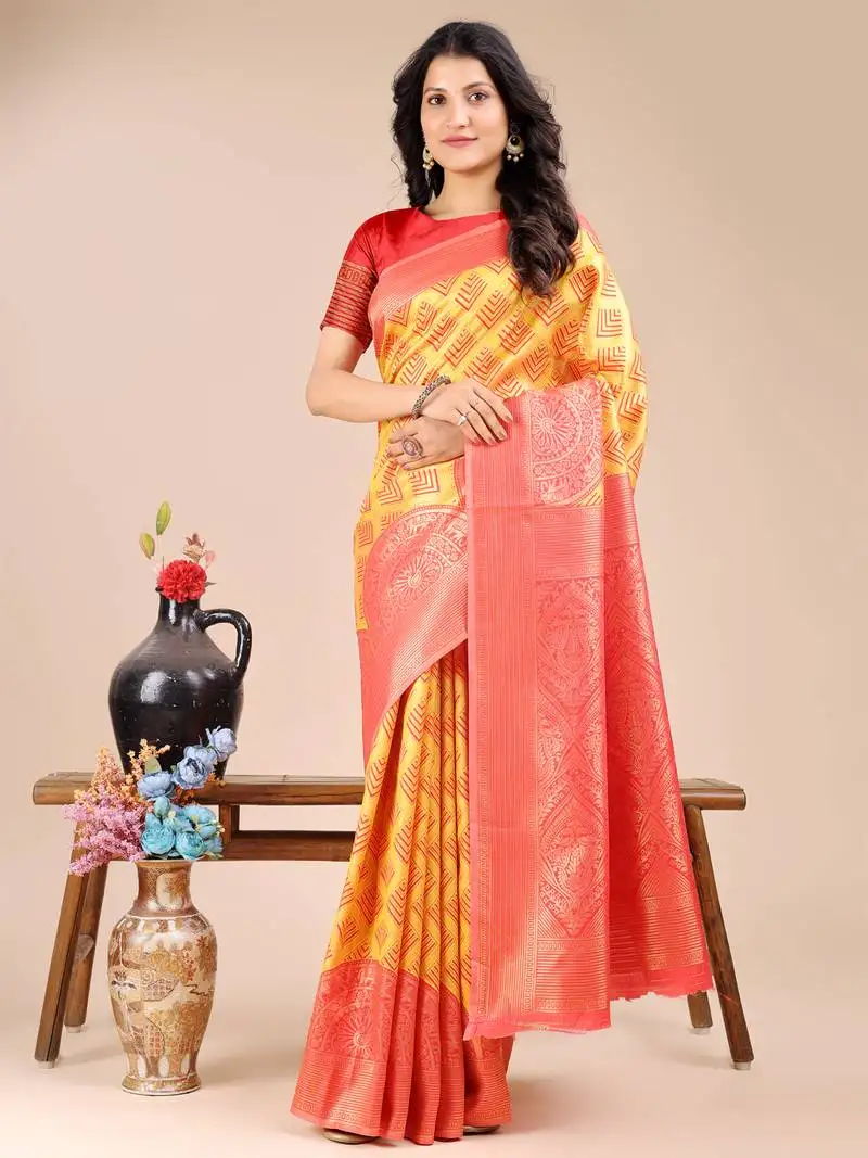 Yellow & red banarasi silk blend woven zari work tassel saree