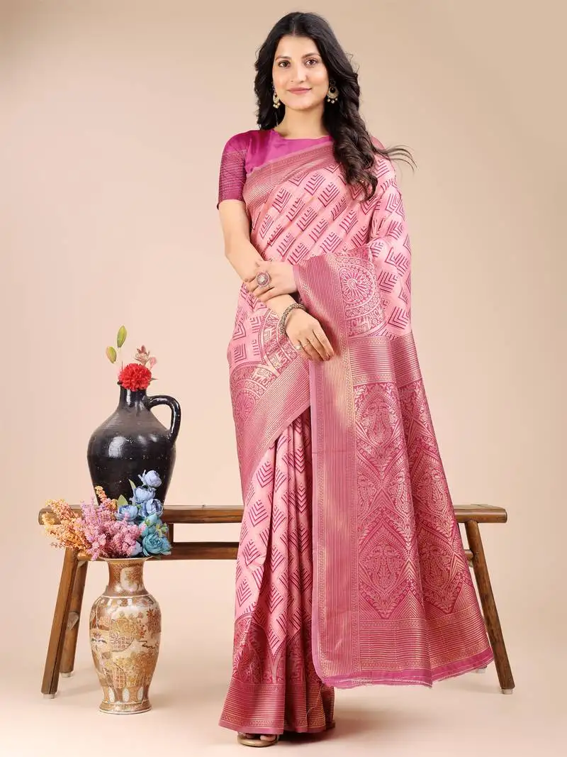 Light pink banarasi silk blend woven zari work tassel saree