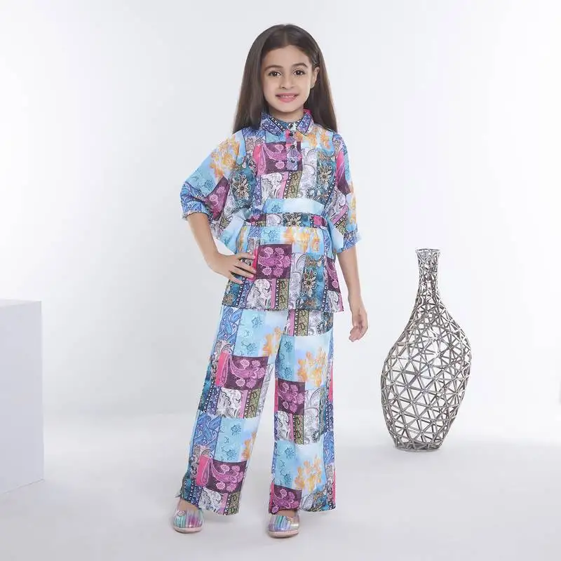 Multicolor printed blended cotton kafta style co-ord set