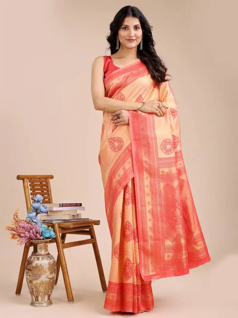 Orange & red banarasi silk blend woven zari work tassel saree