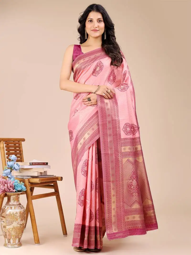 Light pink & magenta banarasi silk blend woven zari work tassel saree