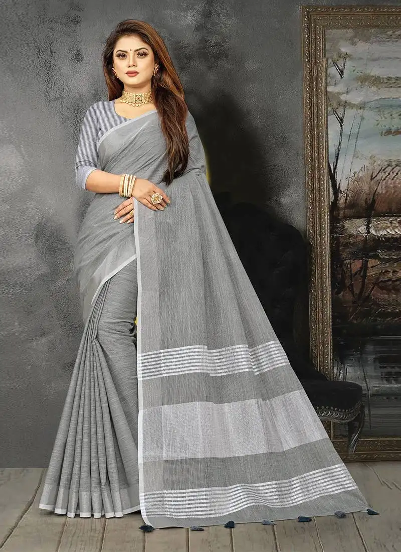 Light grey linen cotton woven zari work tassel saree