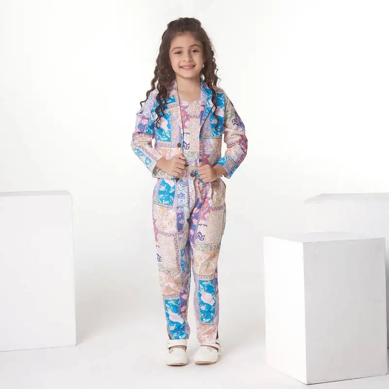 Cream printed cotton jacket with pant co-ord set