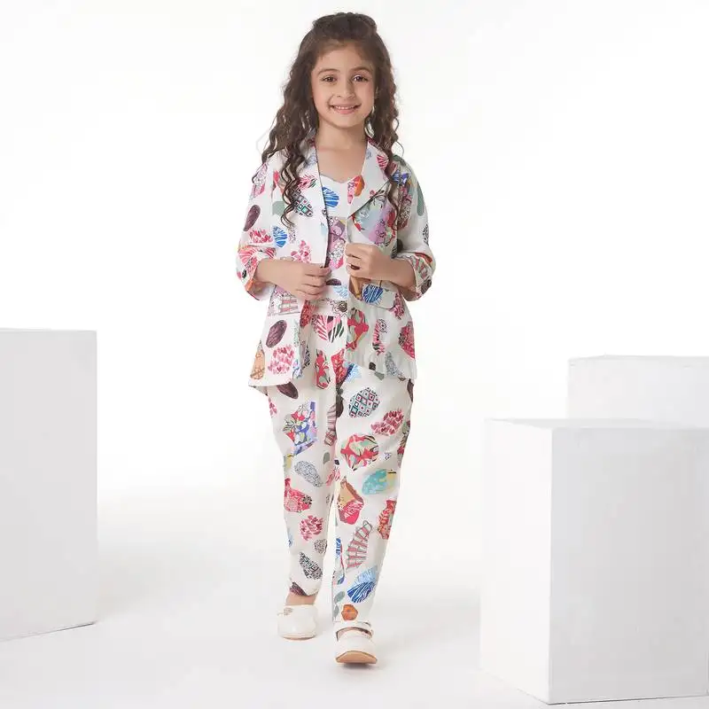 Offwhite printed cotton jacket with pant co-ord set