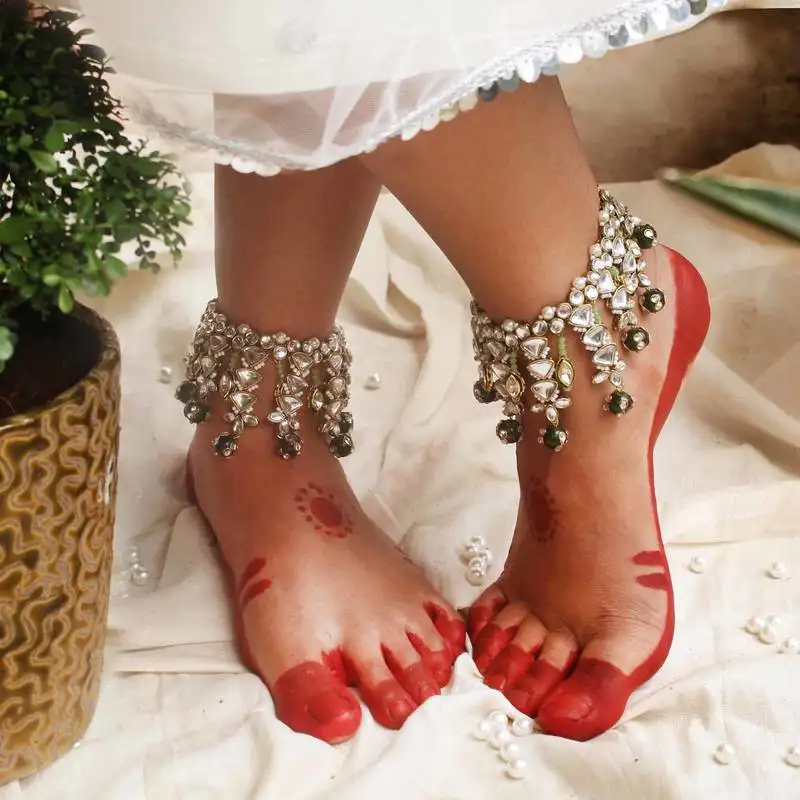 Kundan & beads adjustable anklet - set of 2 pieces