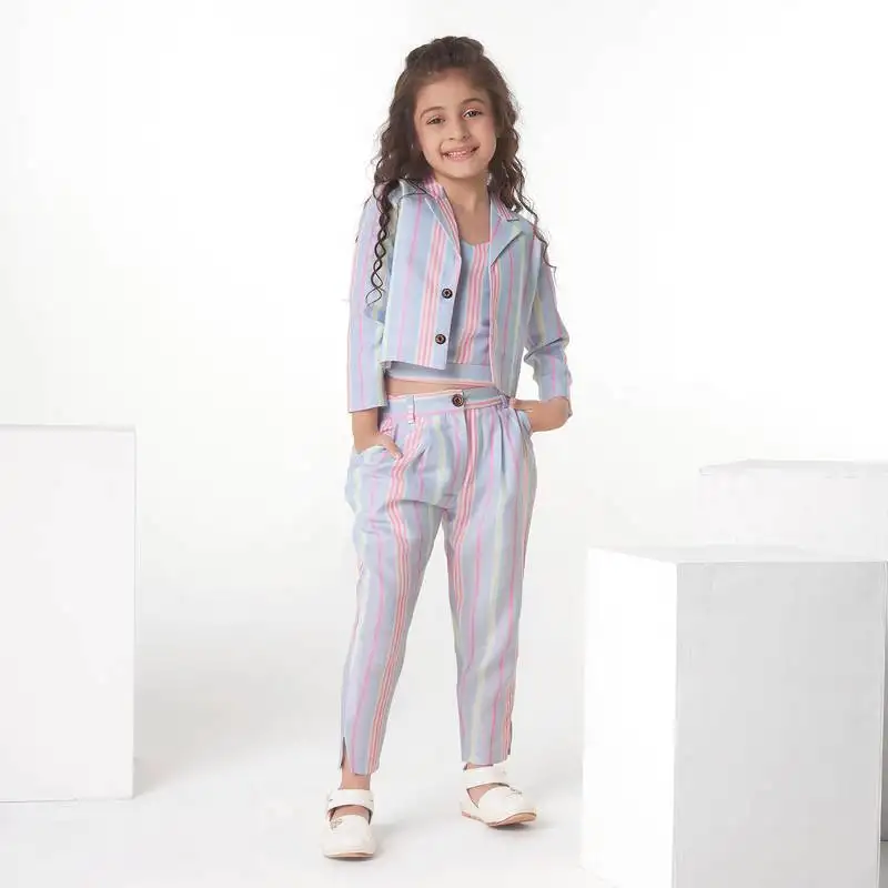 Multicolor stripe printed cotton jacket with pant co-ord set