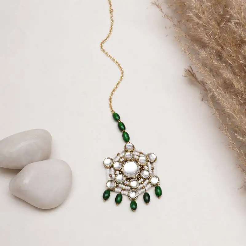 Pearl and kundan green stone maangtikka