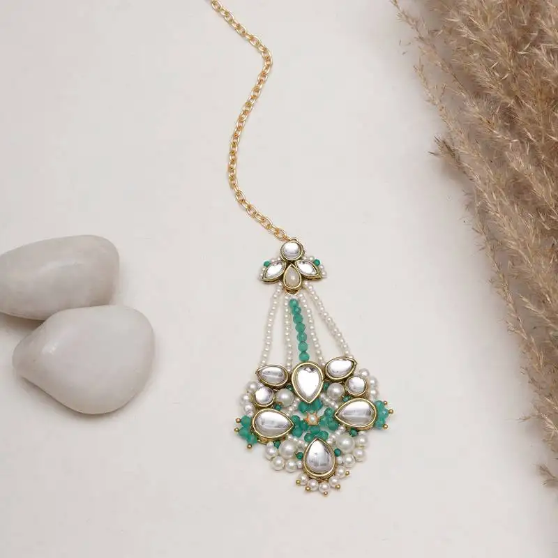 White pearl green beads maangtikka