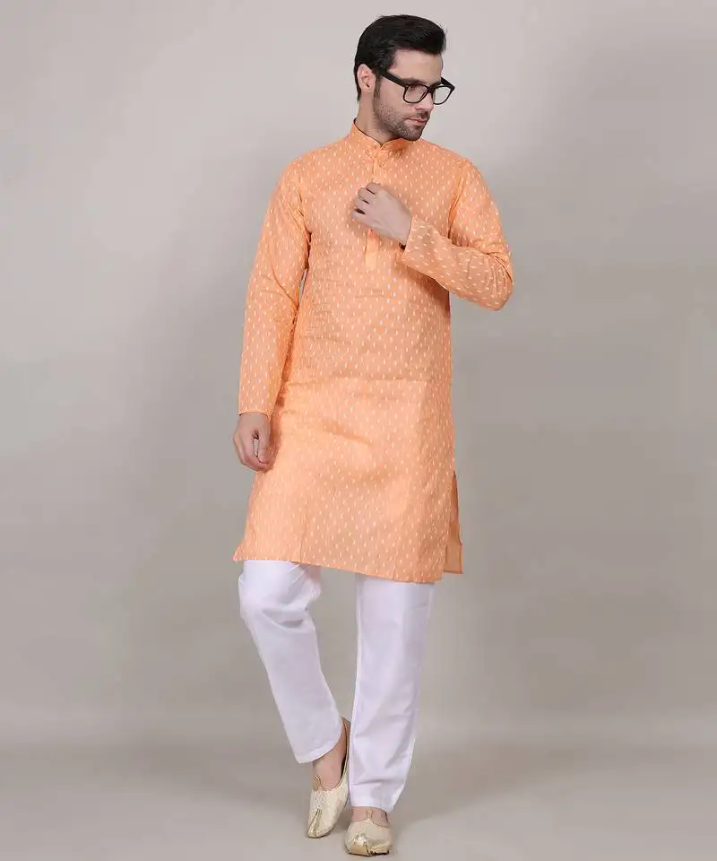 Peach self weaving cotton straight kurta
