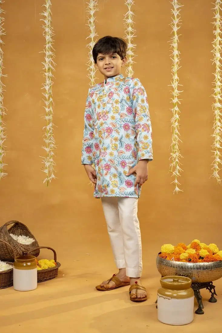 Flower embroidered sky blue kurta and pant