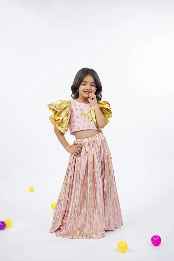 Golden patch and mirror handworked ruffled sleeve light pink top with golden striped light pink bottom
