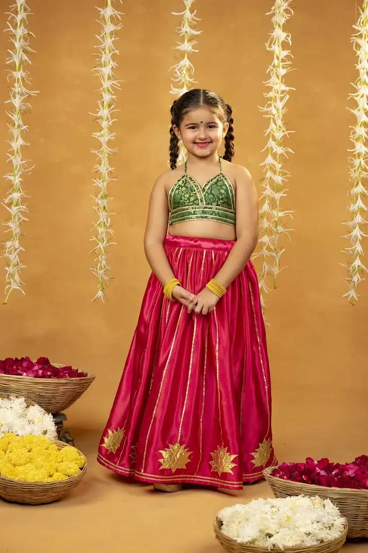 Green banarasi brocade top and golden lotus patch work lehenga