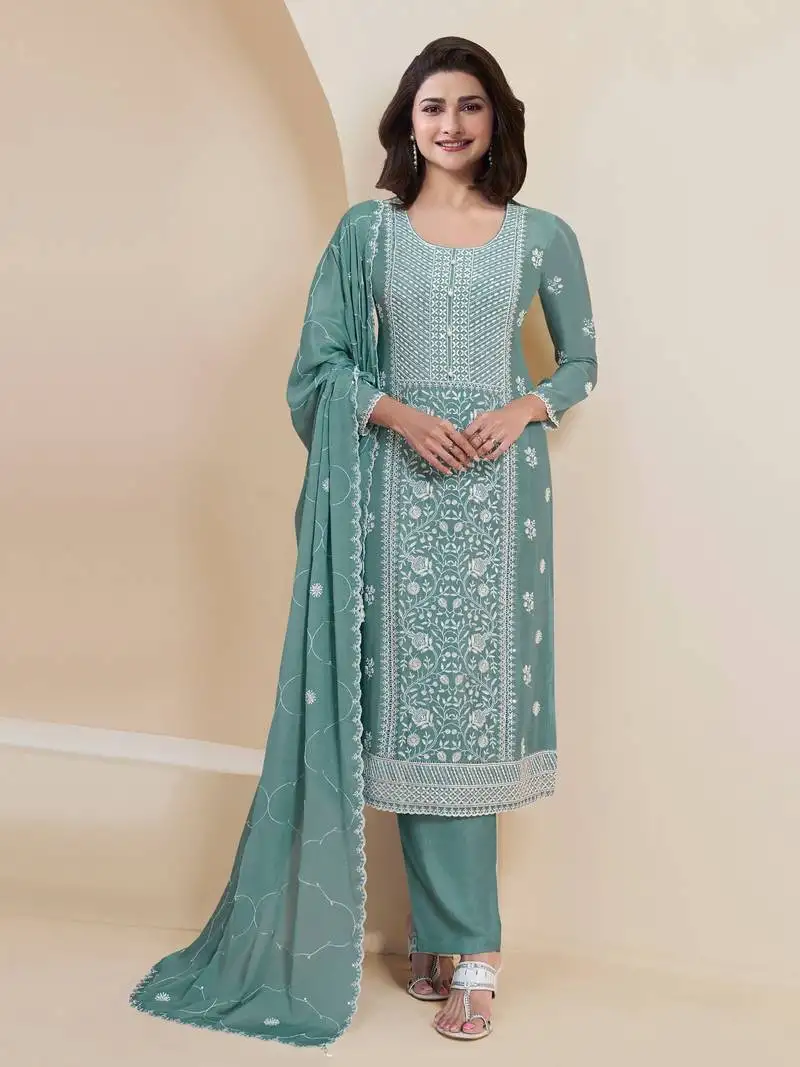 Sky embroidered faux georgette semi-pakistani salwar suit semi stitched