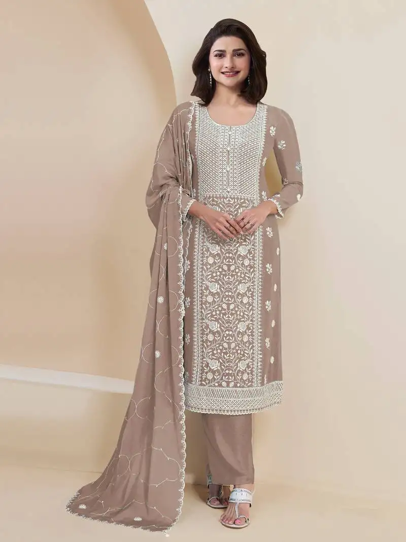 Beige embroidered faux georgette semi-pakistani salwar suit semi stitched