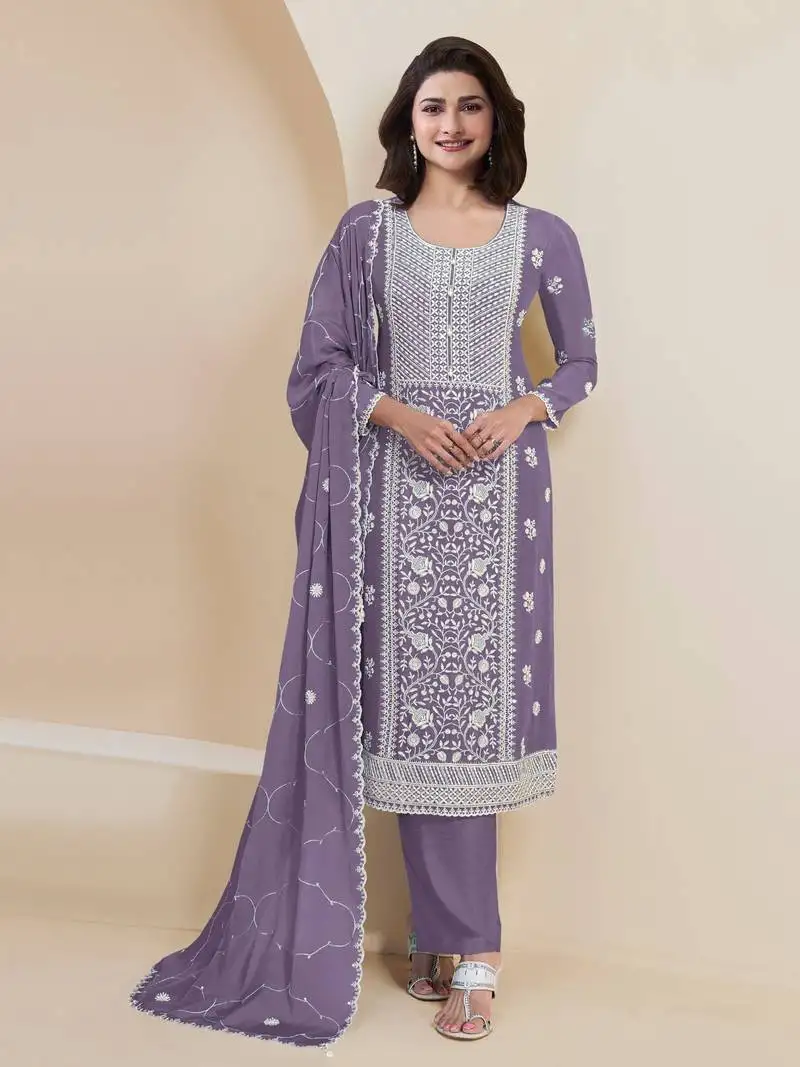 Purple embroidered faux georgette semi-pakistani salwar suit semi stitched