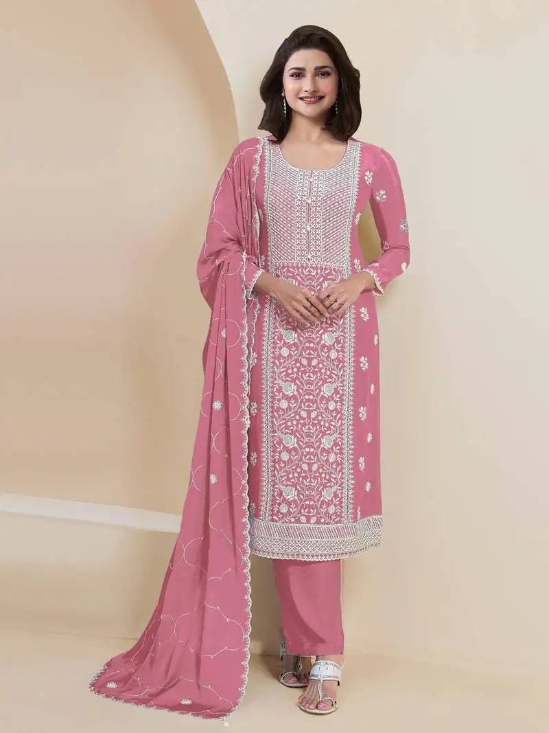 Pink embroidered faux georgette semi-pakistani salwar suit semi stitched