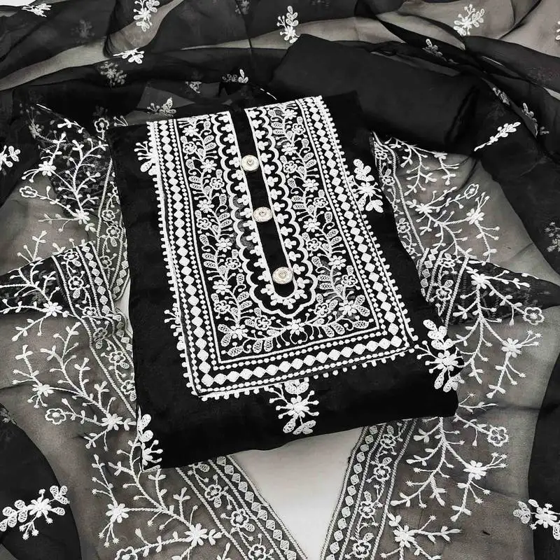 Black organza embroidered unstitched dress material