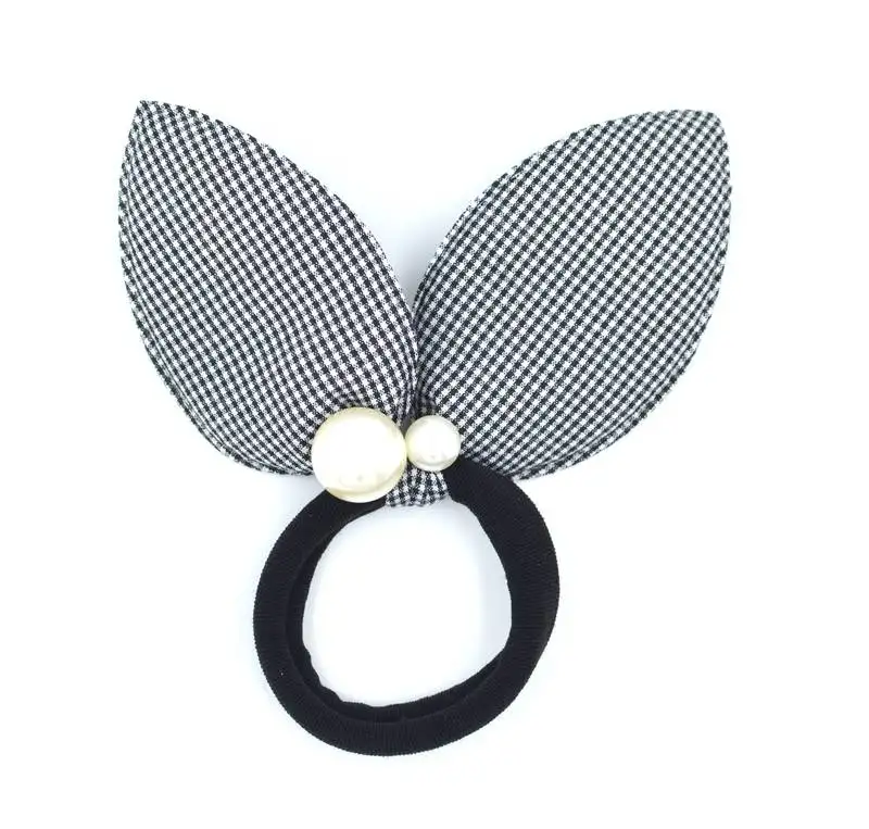 Viaana checks print ears rubber band with attached pearls blue color