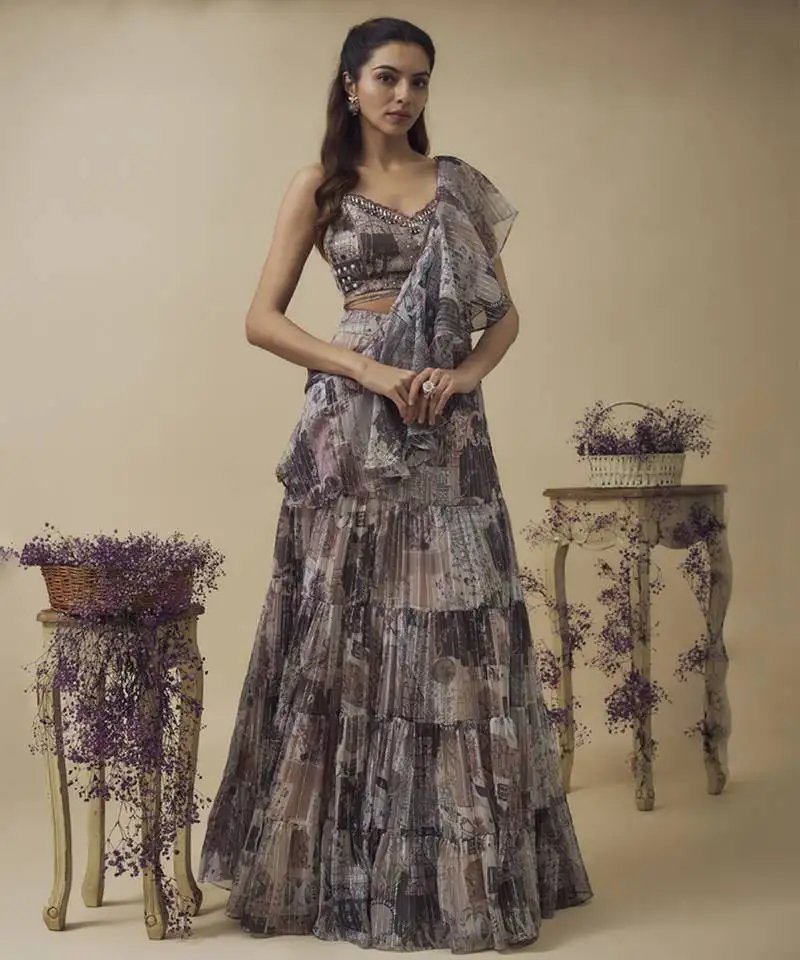 Printed lurex chiffon drape lehenga along with dangles detailed hand embroidered bustier