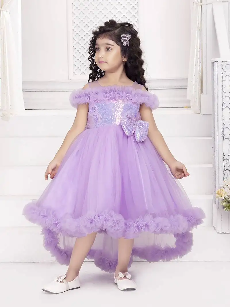 Lavender solid net tail look off shoulder sequence yoke frock