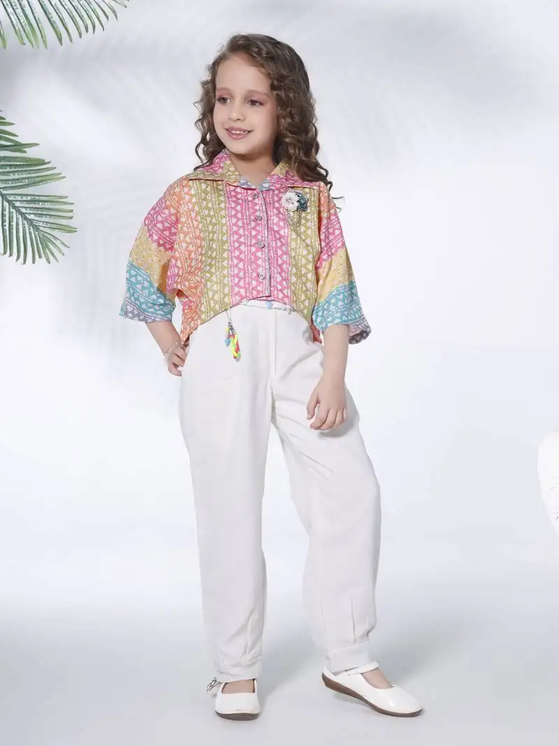 Multicolor batik print cotton blend top with harem pant co-ord set