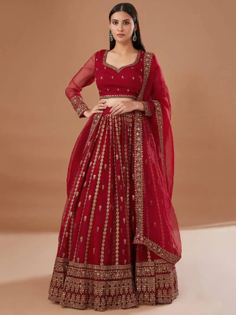 Red zari embroidered organza wedding lehenga choli