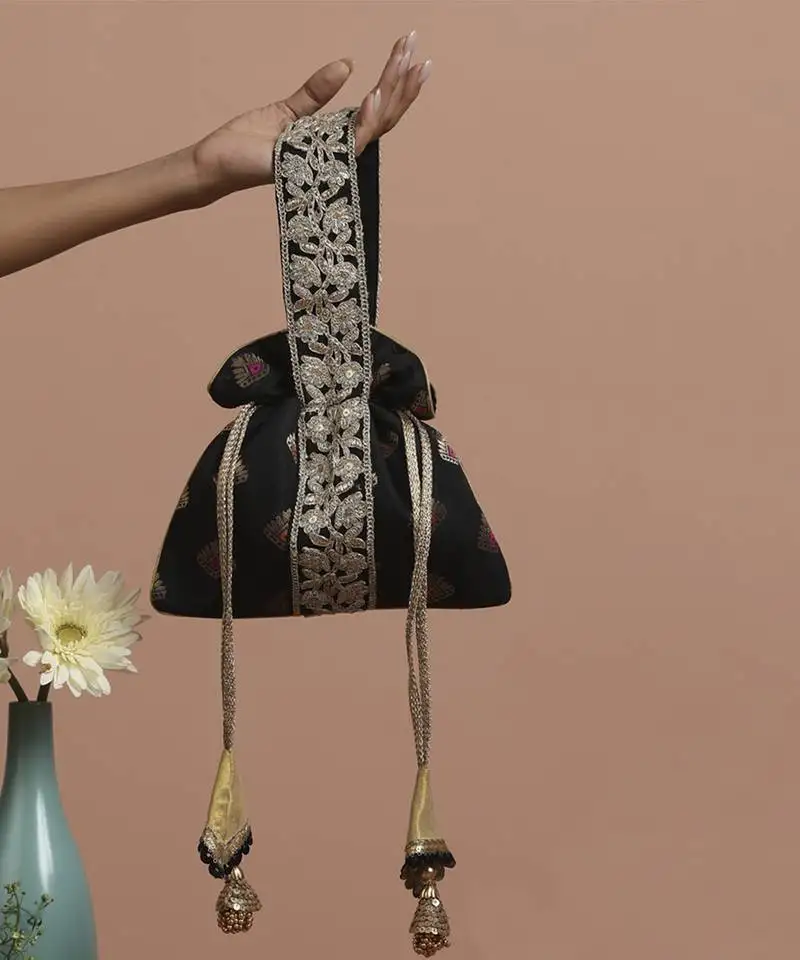 Black with gold brocade potli bag