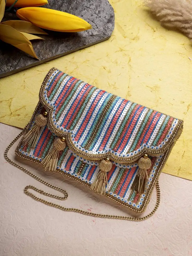 Kooky champagne gold & multi striped embellished satin sling bag