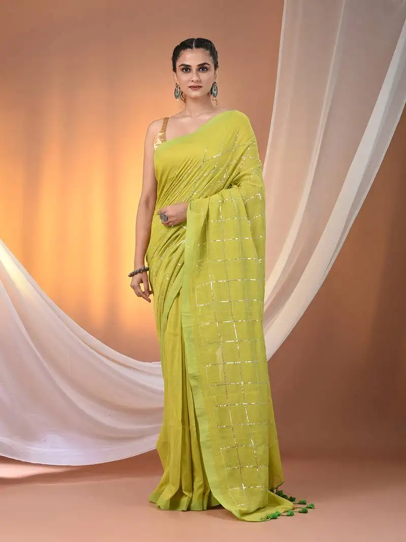 Parrot green cotton handspun soft saree with sequined work