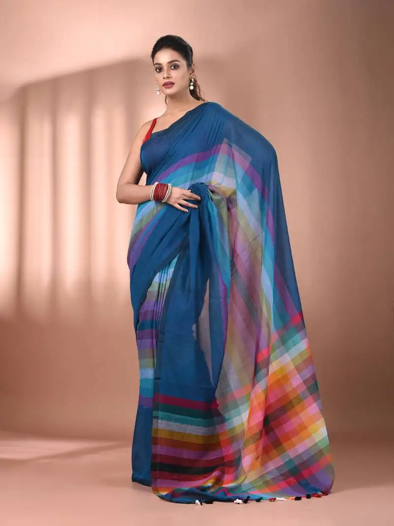 Sapphire blue and multicolor colorblocked mulmul cotton saree without blouse