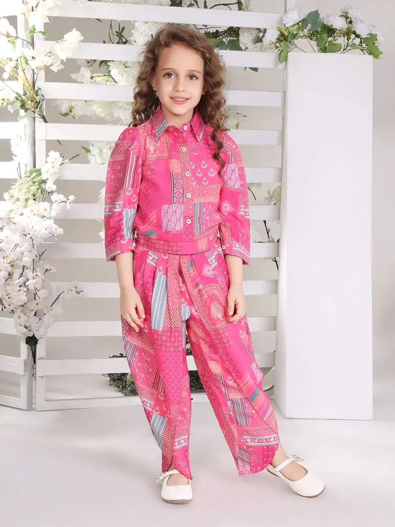 Pink printed cotton blend dhoti pant co-ord set