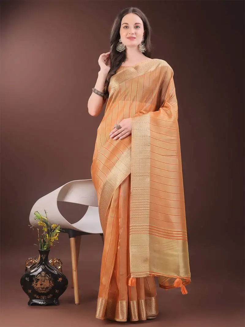Orange organza woven zari work tassel saree