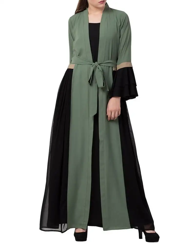 Green stylish dress with attached shrug and a belt in multi color