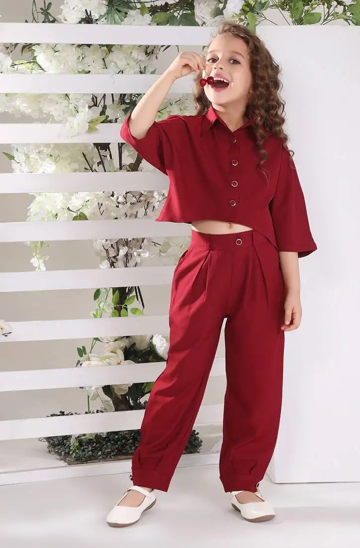 Maroon solid cotton blend crop top with harem pant co-ord set
