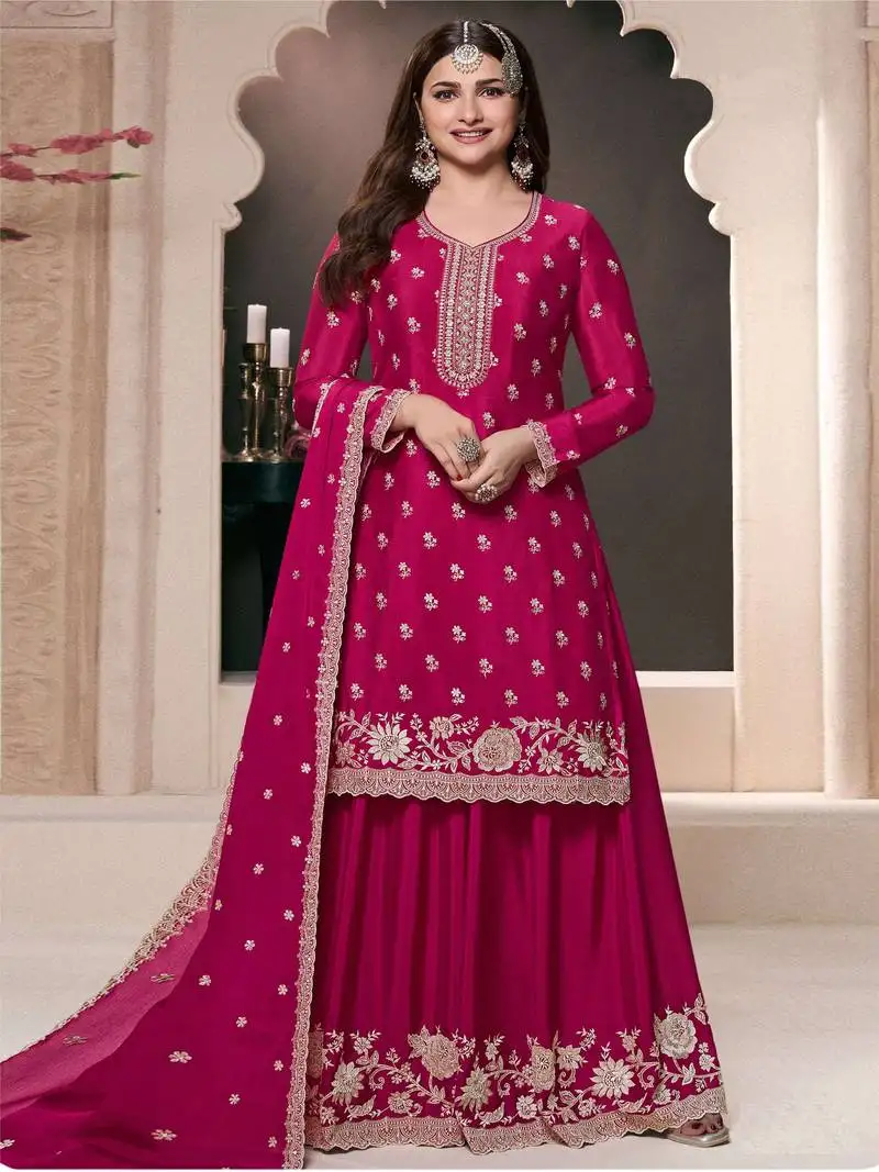 Pink embroidered chinon semi-palazo salwar suit semi stitched