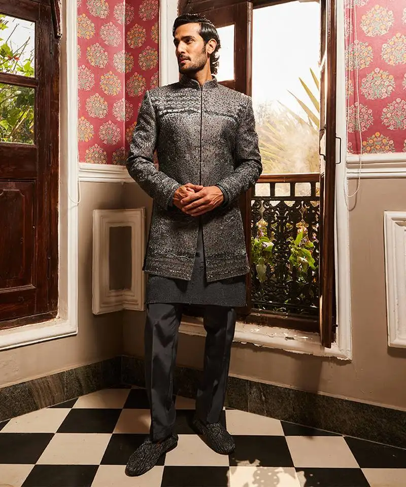 Charcoal grey raw silk embroidered indo-western set