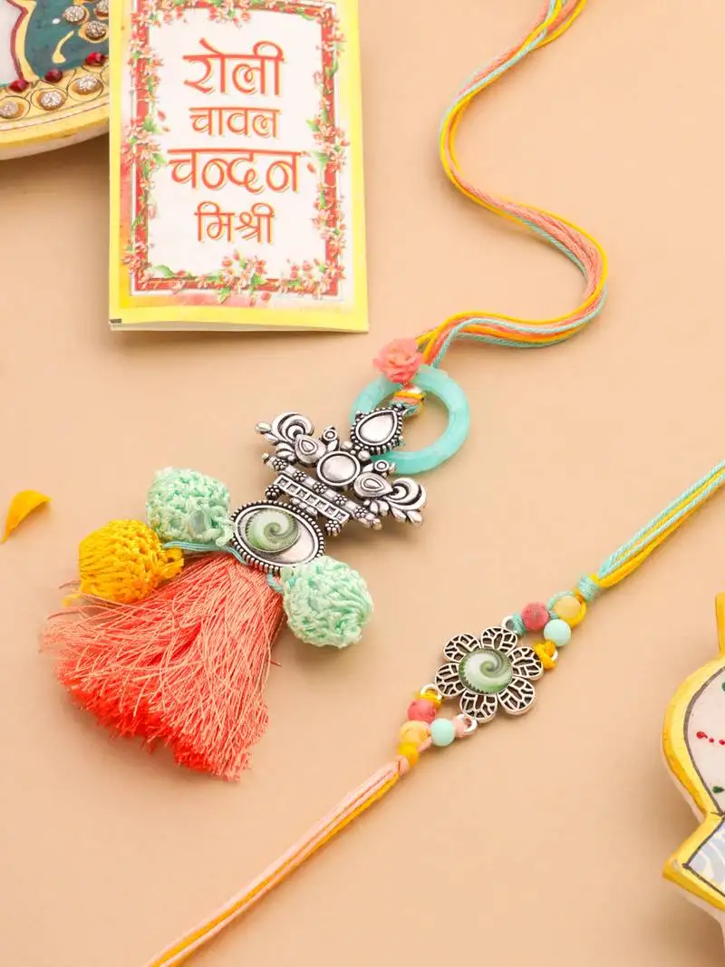 Set of 2 artificial beads traditional bhaiya bhabhi pair rakhi set with roli chawal chandan & mishri