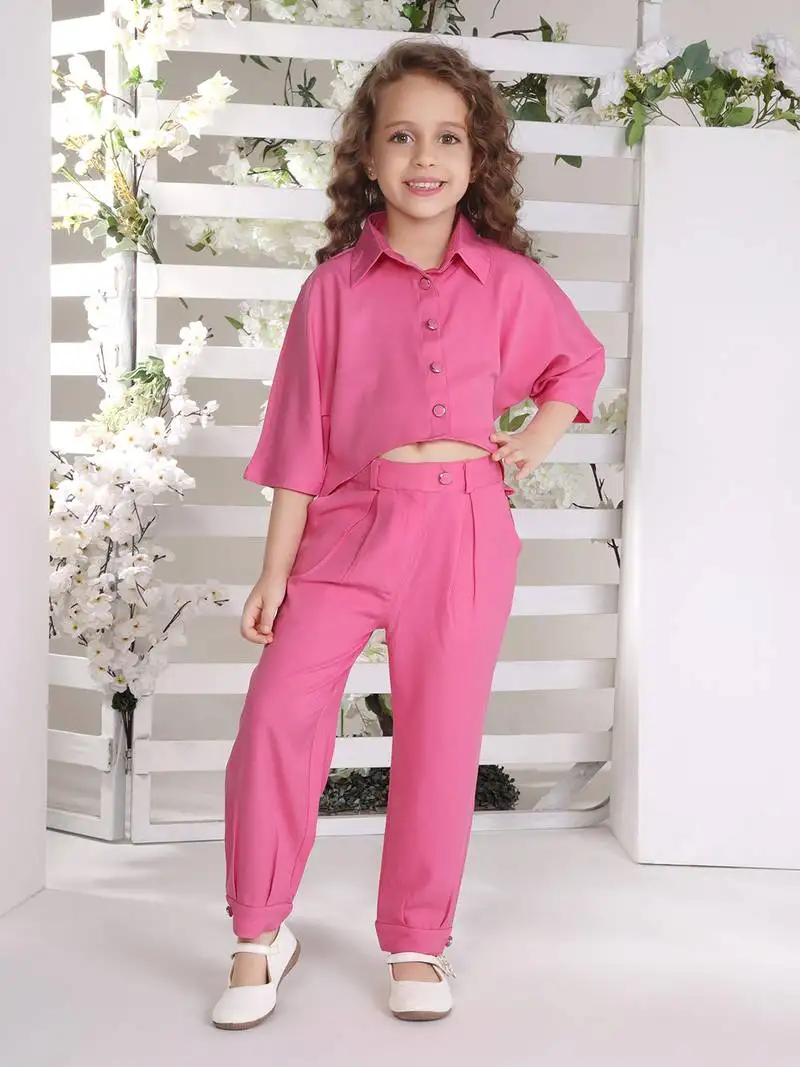 Pink solid cotton blend crop top with harem pant co-ord set