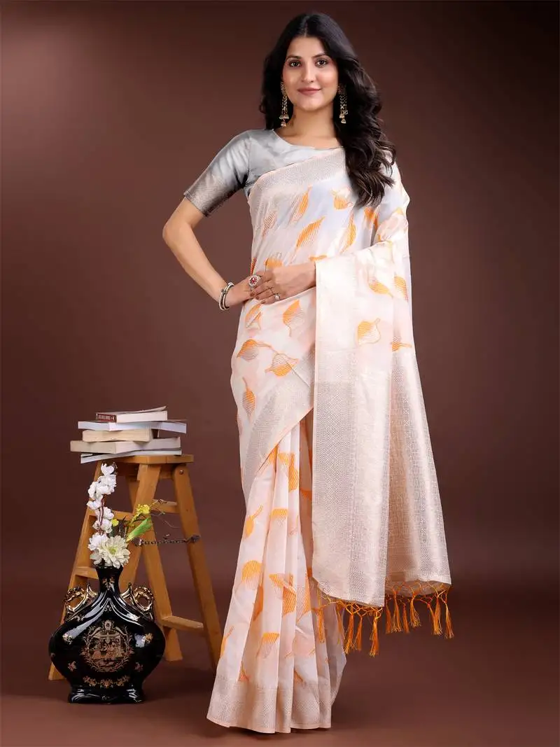 White & orange cotton woven zari work tassel saree