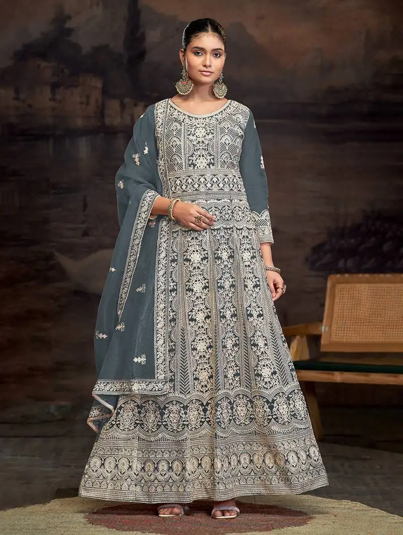 Slate grey embroidered net anarkali suits semi stitched