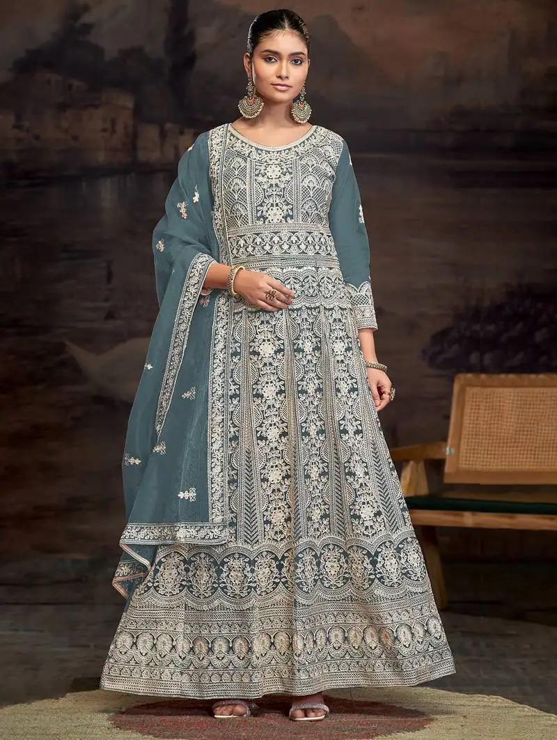 Grey embroidered net anarkali suits semi stitched