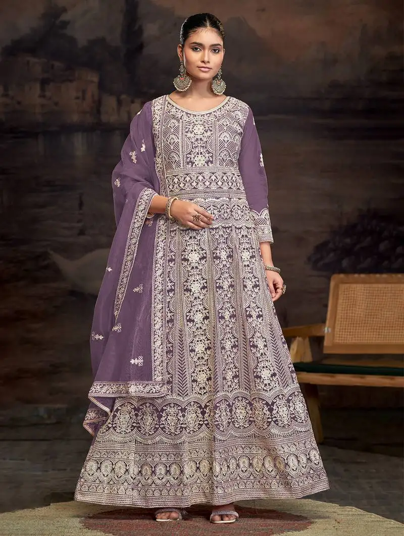 Purple embroidered purple anarkali suits semi stitched