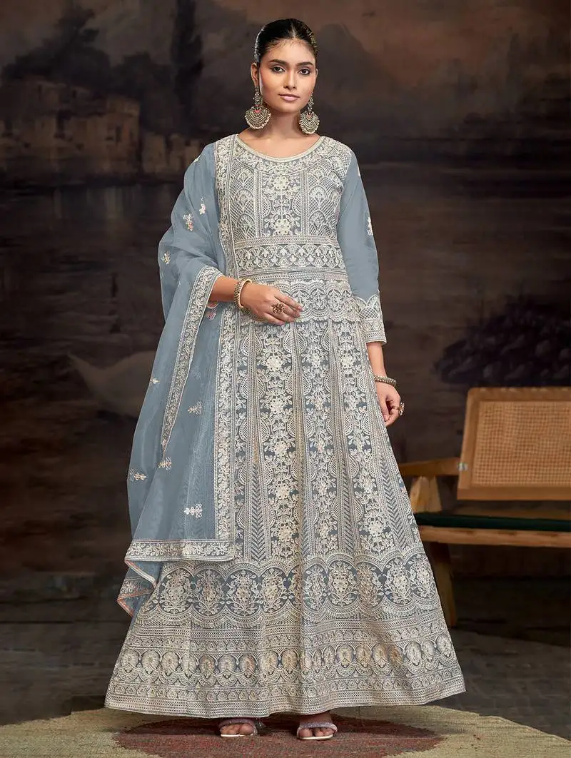 Blue embroidered blue anarkali suits semi stitched