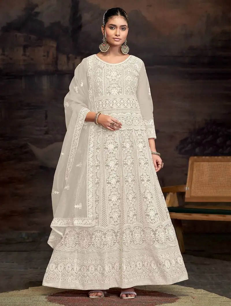 Cream embroidered cream anarkali suits semi stitched